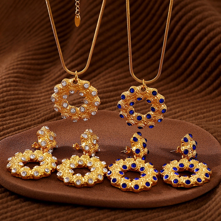 Jewelry Elegant Circle 304 Stainless Steel Rhinestones Glass Stone 18K Gold Plated Plating Inlay Earrings Necklace