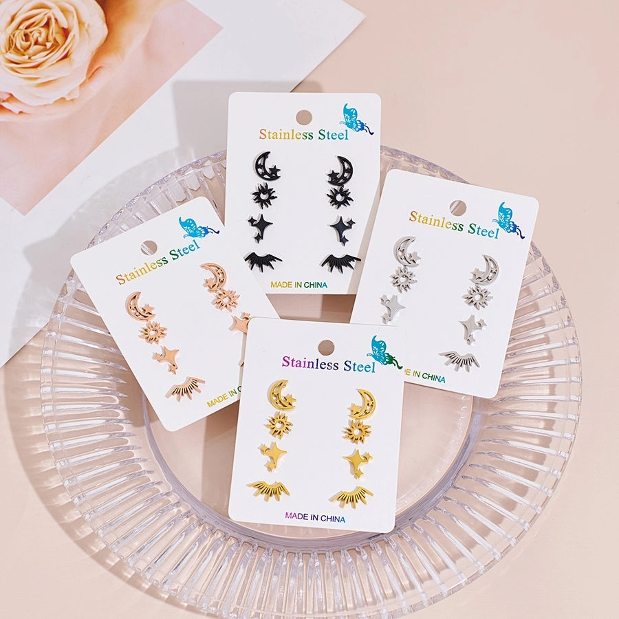 4 Pairs Cute Sweet Commute Sun Star Moon Polishing Hollow Out 304 Stainless Steel 18K Gold Plated Ear Studs