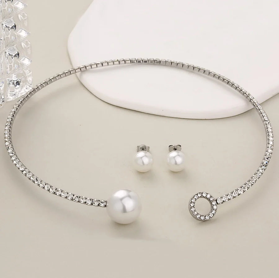 Jewelry Glam Luxurious Shiny Circle Square Heart Shape 304 Stainless Steel Imitation Pearl Rhinestone Jewelry Set
