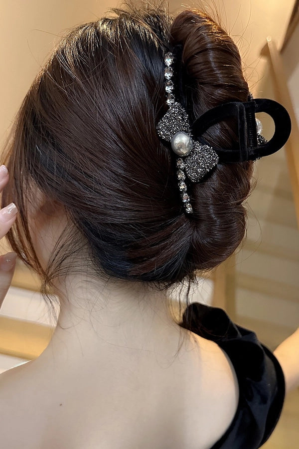 High-Grade Full Diamond Bow Hair Accessories Barrettes Women's Back Head Grip  Former Red Style Flocking Large Size Shark Clip