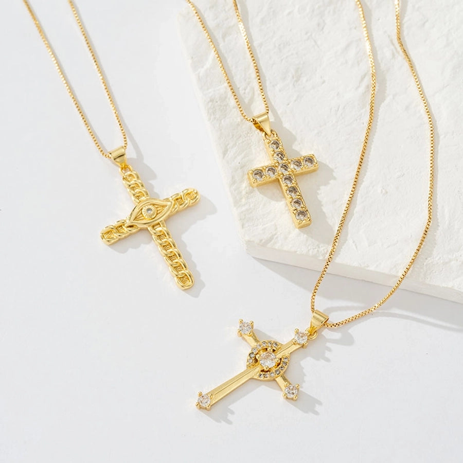 Copper box chain 18K Gold Plated Inlay Carving Cross Zircon Pendant Necklace