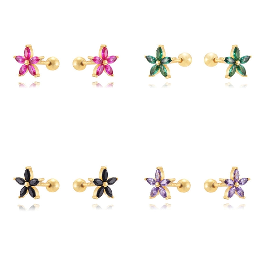 1 Pair Sweet Shiny Flower Inlay Copper Zircon 24K Gold Plated Ear Studs