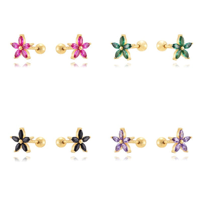 1 Pair Sweet Shiny Flower Inlay Copper Zircon 24K Gold Plated Ear Studs