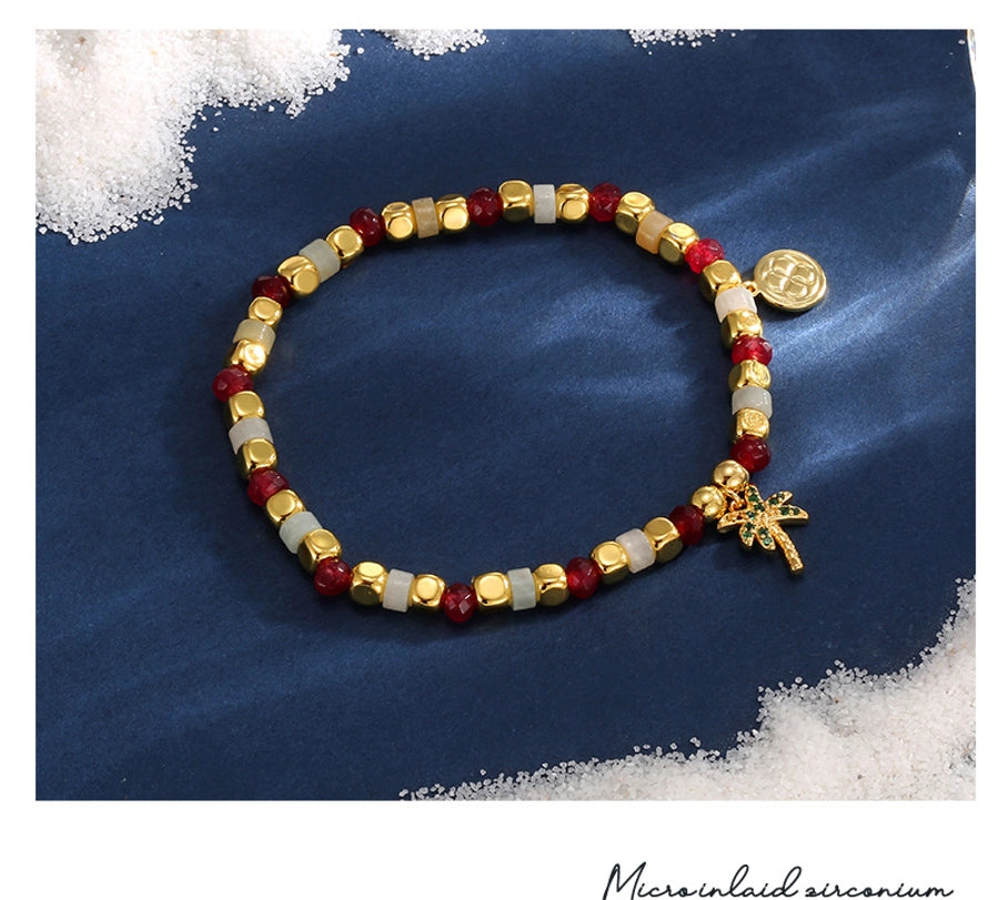 Jewelry IG Style Coconut Tree Copper Artificial Gemstones Beaded Inlay Bracelets