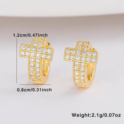 1 Pair Hip Hop Punk Copper Plating 18K Gold Inlaid Square Crystal Zircon Cross Ear Clip
