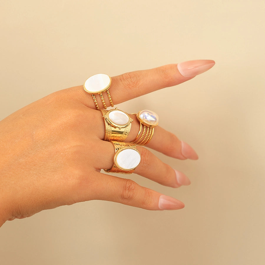 Jewelry Vintage Style Simple Style Commute Oval 304 Stainless Steel Natural Stone Fritillary 14K Gold Plated Plating Hollow Out Stainless Steel Rings