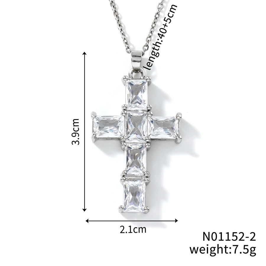 304 Stainless Steel Copper K Gold Plated Rhodium Plated Inlay Cross Zircon Pendant Necklace