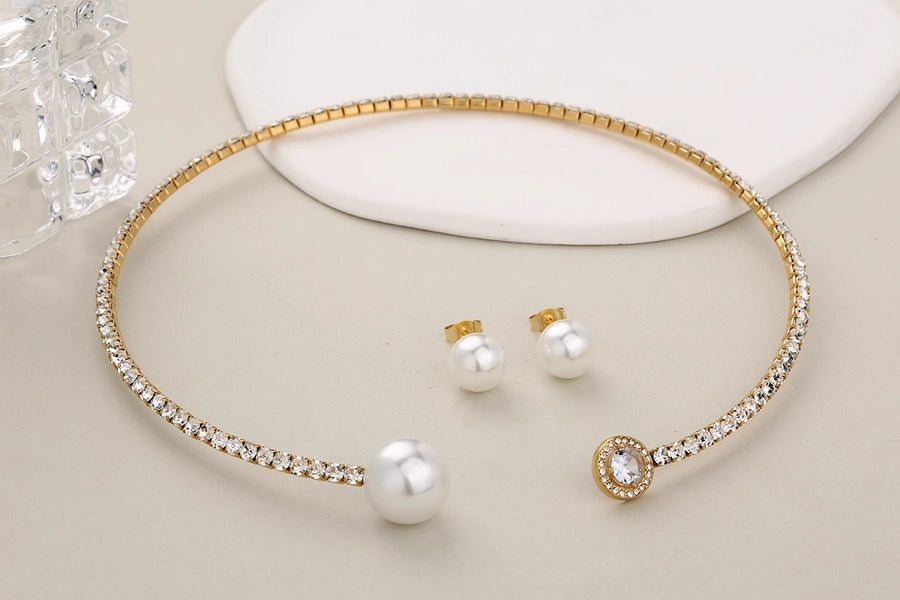Jewelry Glam Luxurious Shiny Circle Square Heart Shape 304 Stainless Steel Imitation Pearl Rhinestone Jewelry Set