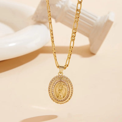 Jewelry Classical Religion Classic Style Human Round Copper Zircon 18K Gold Plated Inlay Pendant Necklace
