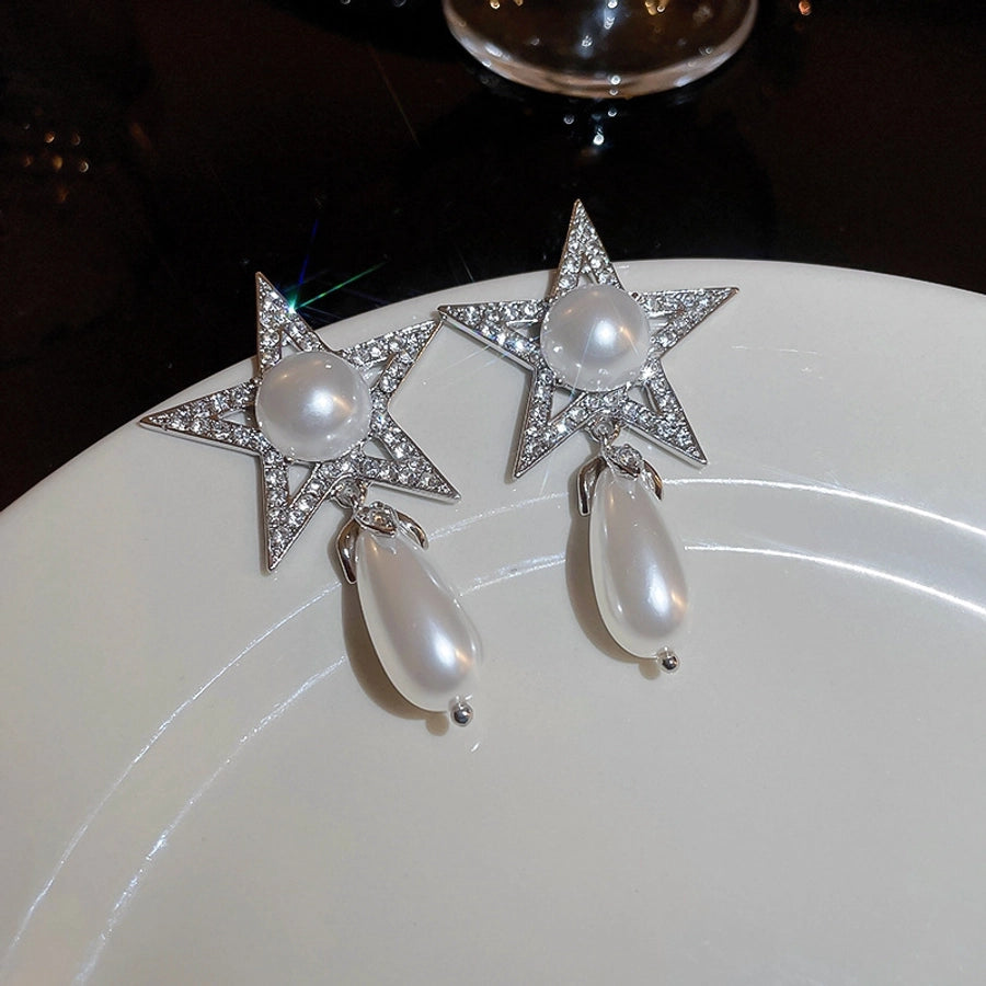 1 Pair Casual Simple Style Streetwear Star Water Droplets Inlay Copper Artificial Pearls Zircon Drop Earrings