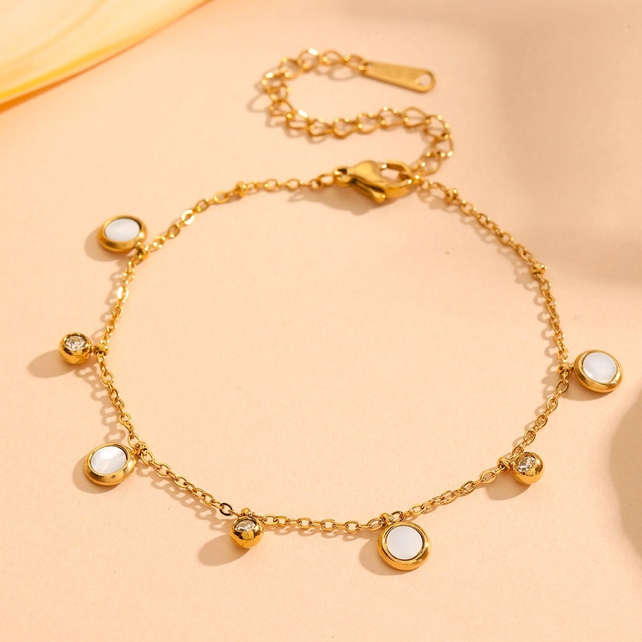 Jewelry Cute Sweet Round Titanium Steel Rhinestones Shell 18K Gold Plated Plating Inlay Pendant Necklace