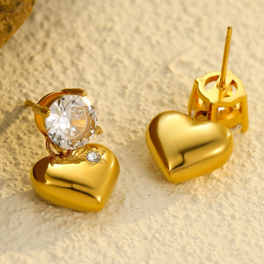 1 Pair Retro Sweet Round Heart Shape Inlay 304 Stainless Steel Zircon 18K Gold Plated Drop Earrings