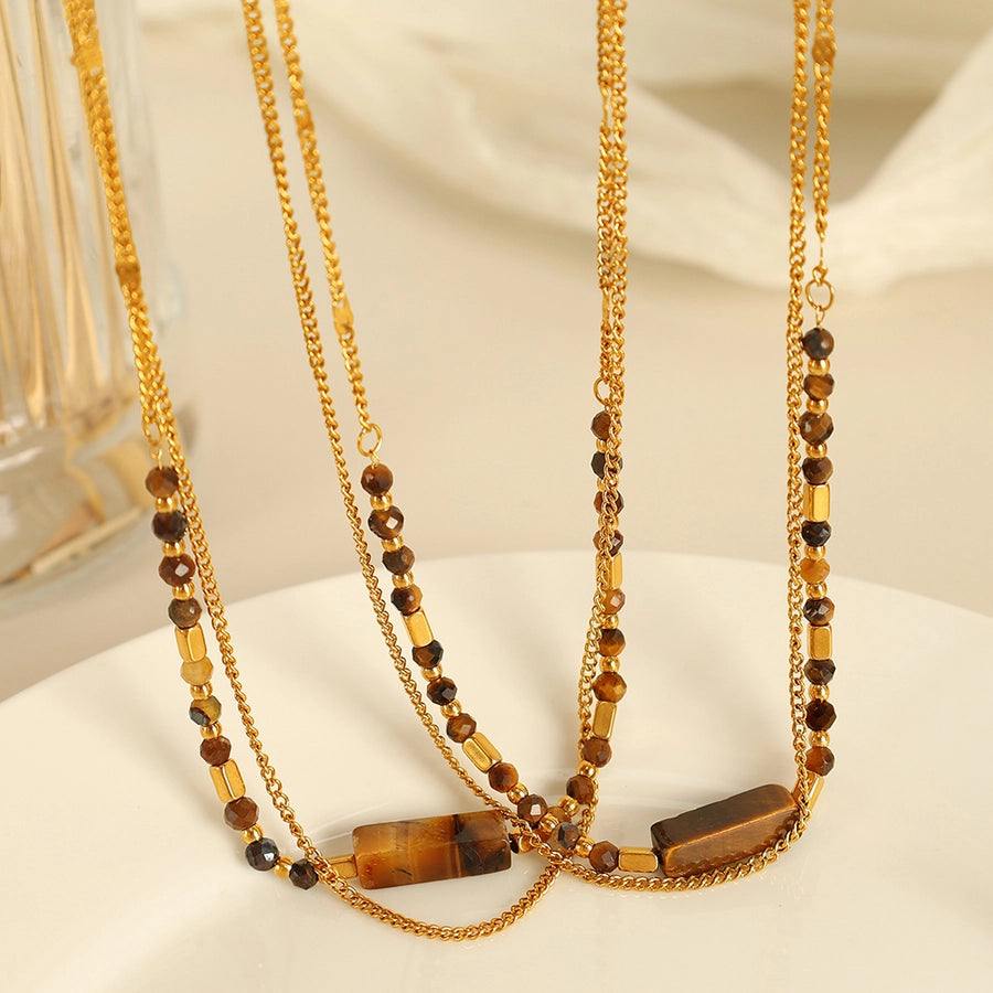 Jewelry IG Style Vintage Style Geometric 304 Stainless Steel Tiger Eye 18K Gold Plated Polishing Double Layer Necklaces