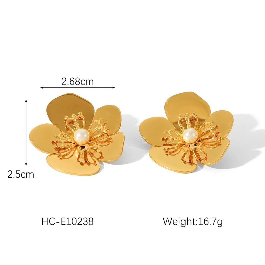 1 Piece IG Style Flower Plating Inlay 304 Stainless Steel Natural Stone Pearl 18K Gold Plated Drop Earrings Ear Studs