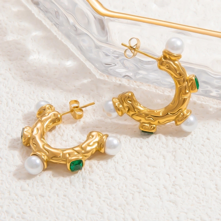 1 Pair Elegant Solid Color Plating Inlay 304 Stainless Steel Pearl 18K Gold Plated Earrings Ear Studs