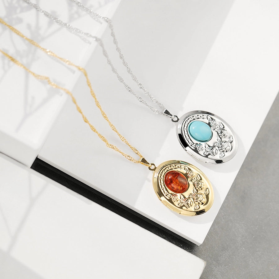 Retro Oval 18K Gold Plated White Gold Plated Turquoise Agate Alloy  Locket Necklace