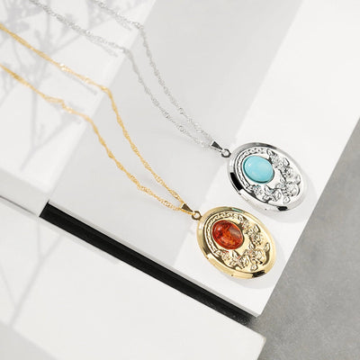 Retro Oval 18K Gold Plated White Gold Plated Turquoise Agate Alloy  Locket Necklace