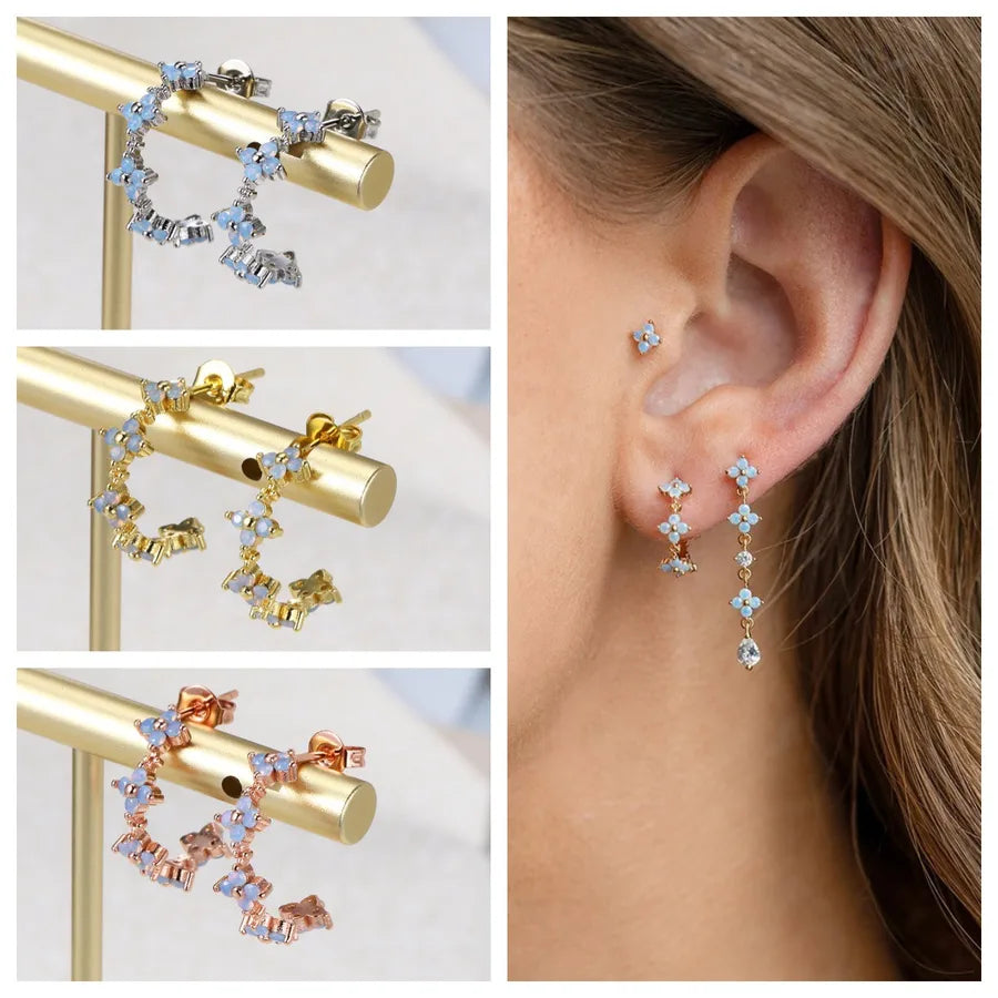 1 Pair Sweet C Shape Flower Copper Zircon Ear Studs