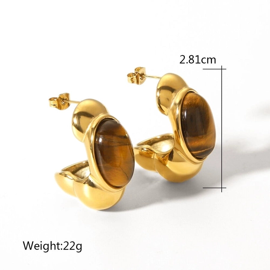 1 Pair Vintage Style Classic Style C Shape Plating Inlay 304 Stainless Steel Acrylic Natural Stone Tiger Eye 18K Gold Plated Ear Studs