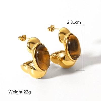1 Pair Vintage Style Classic Style C Shape Plating Inlay 304 Stainless Steel Acrylic Natural Stone Tiger Eye 18K Gold Plated Ear Studs