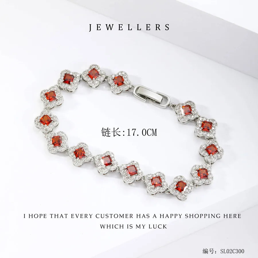 Wholesale Jewelry Elegant Classic Style Leaf Four Leaf Clover Copper Zircon Plating Bracelets Tennis Chain