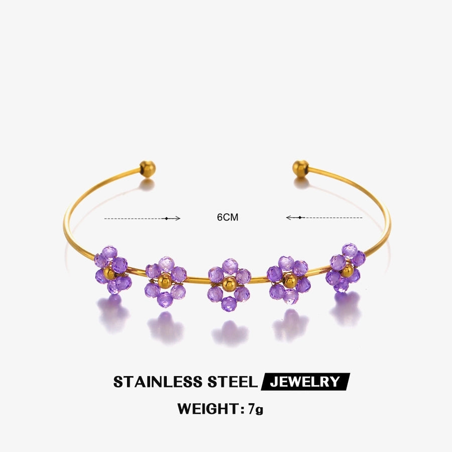IG Style Flower 304 Stainless Steel 18K Gold Plated Zircon Bangle In Bulk