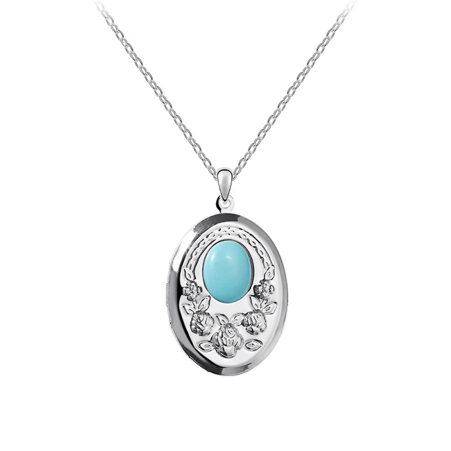 Retro Oval 18K Gold Plated White Gold Plated Turquoise Agate Alloy  Locket Necklace