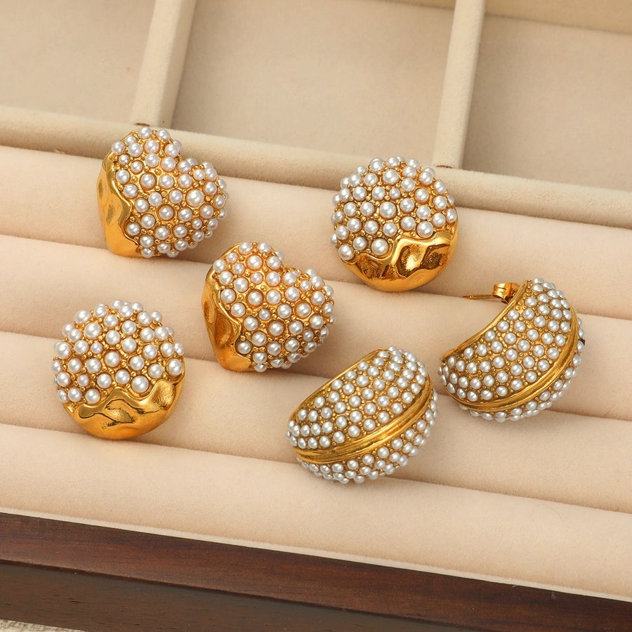 1 Pair Retro Round Plating 304 Stainless Steel Artificial Pearls Ear Studs