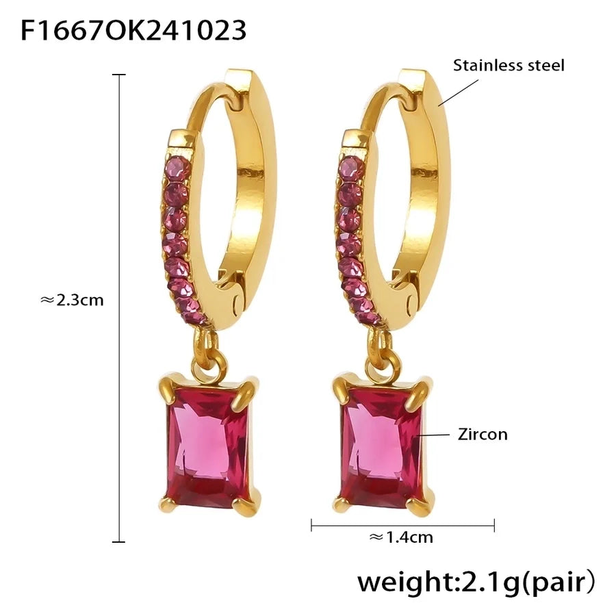 1 Pair Elegant Vacation Rectangle Inlay 304 Stainless Steel Zircon 18K Gold Plated Drop Earrings