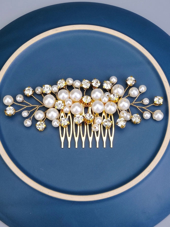 women's sweet geometric solid color alloy plating inlay artificial pearls rhinestones insert comb