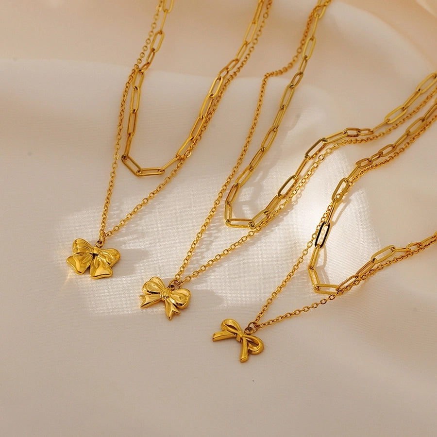 Jewelry IG Style Sweet Bow Knot 304 Stainless Steel Zircon Hollow Out Inlay Double Layer Necklaces