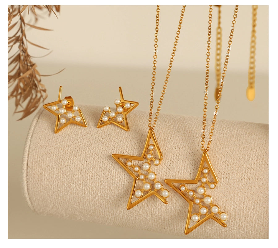 Jewelry IG Style Elegant French Style Star 304 Stainless Steel Artificial Pearls 18K Gold Plated Polishing Plating Inlay Jewelry Set