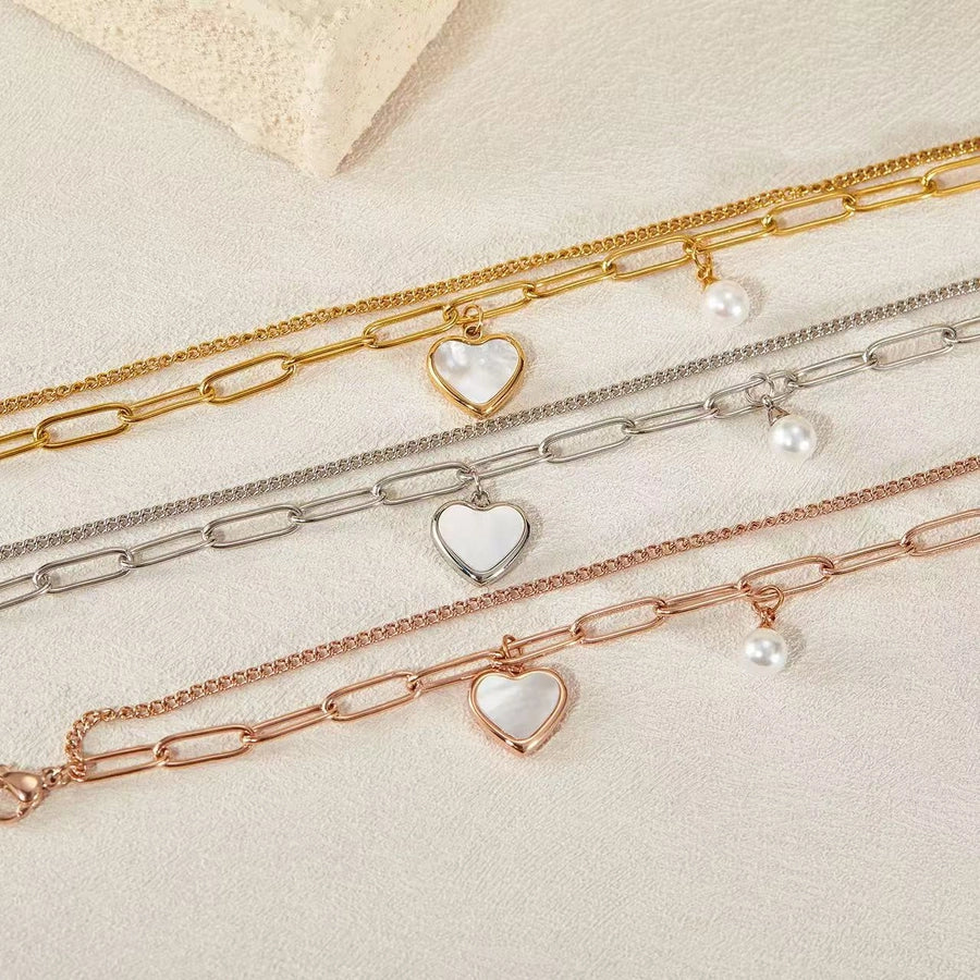 Casual Simple Style Heart Shape Titanium Steel 18K Gold Plated Artificial Pearls Shell Paperclip Chain Bracelets In Bulk