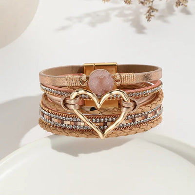 elegant classic style heart shape pu leather inlay rhinestones women's bracelets