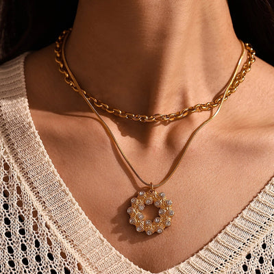 Jewelry Elegant Circle 304 Stainless Steel Rhinestones Glass Stone 18K Gold Plated Plating Inlay Earrings Necklace