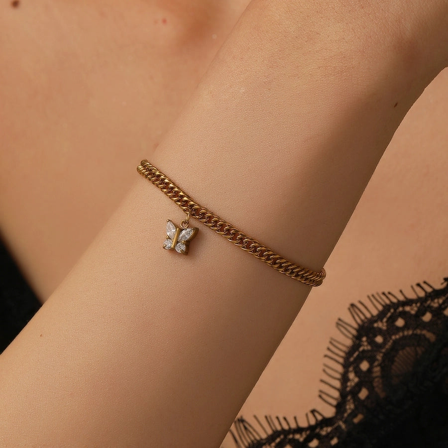 Elegant Butterfly Titanium Steel 18K Gold Plated Cuban Link Chain Curb Chain Bracelets In Bulk