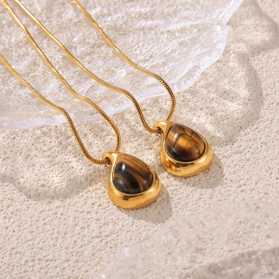 Jewelry Retro Classic Style Water Droplets 304 Stainless Steel Tiger Eye 18K Gold Plated Plating Inlay Pendant Necklace Necklace
