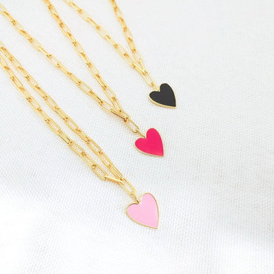 Copper Paperclip Chain Enamel Heart Shape Pendant Necklace