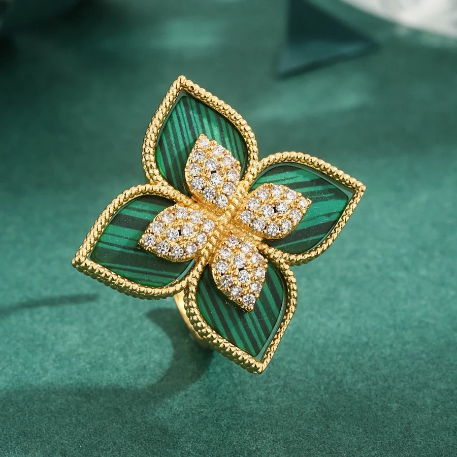 Jewelry Elegant Classic Style Four Leaf Clover Copper Zircon 18K Gold Plated White Gold Plated Rings