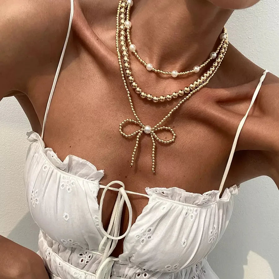 Wholesale Jewelry Casual Vacation Bow Knot Copper 18K Gold Plated Polishing Inlay Necklace Beaded Chain