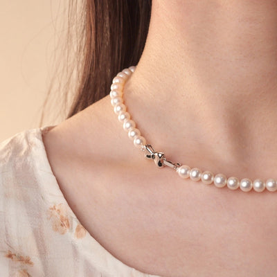 925 Sterling Silver Beaded Chain Beaded Metal Button Round Freshwater Pearl Necklace