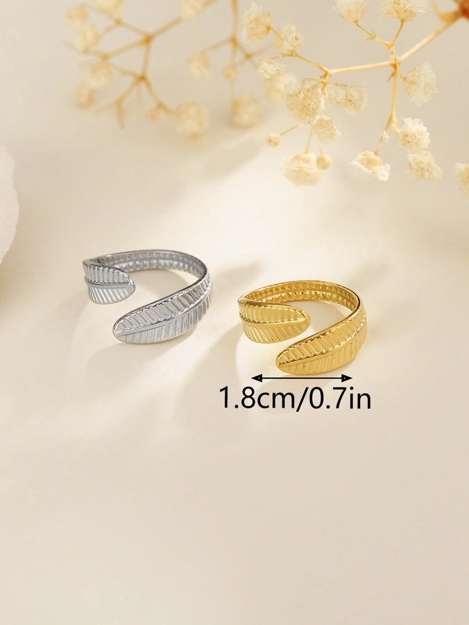 Jewelry Elegant Leaves Feather 304 Stainless Steel Open Rings