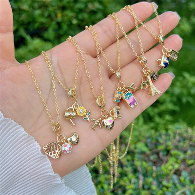 Copper 18K Gold Plated Inlay Sunflower Heart Shape Airplane Zircon Pendant Necklace