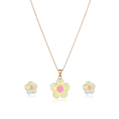 creative children's jewelry set cartoon flower jewelry set alloy drop oil necklace earrings two-piece set