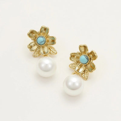 1 Pair Retro Flower Plating Inlay 304 Stainless Steel Natural Stone Pearl 18K Gold Plated Drop Earrings