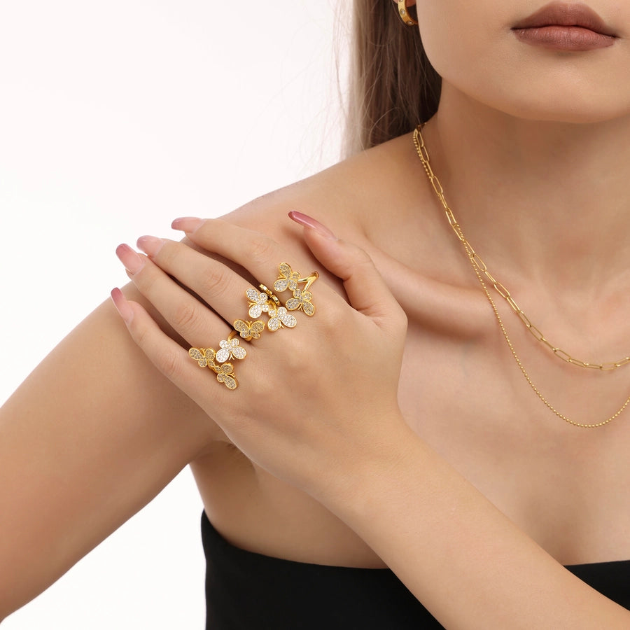 Jewelry Elegant Luxurious Vacation Butterfly Copper Zircon 18K Gold Plated Rings
