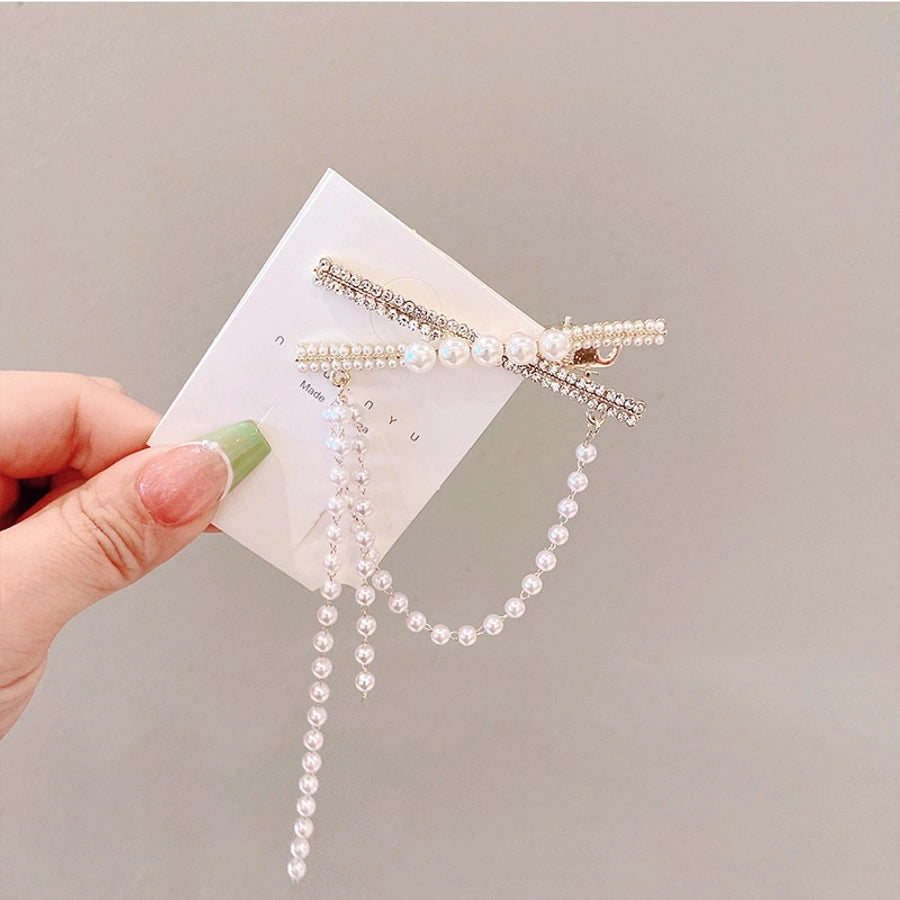 simple style color block imitation pearl alloy inlay rhinestones hair clip