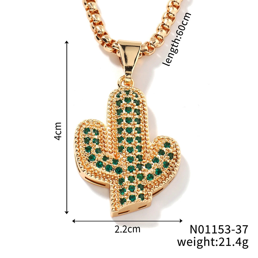 Hip-Hop Streetwear Cactus Tiger 304 Stainless Steel Copper Inlay Zircon K Gold Plated Unisex Pendant Necklace