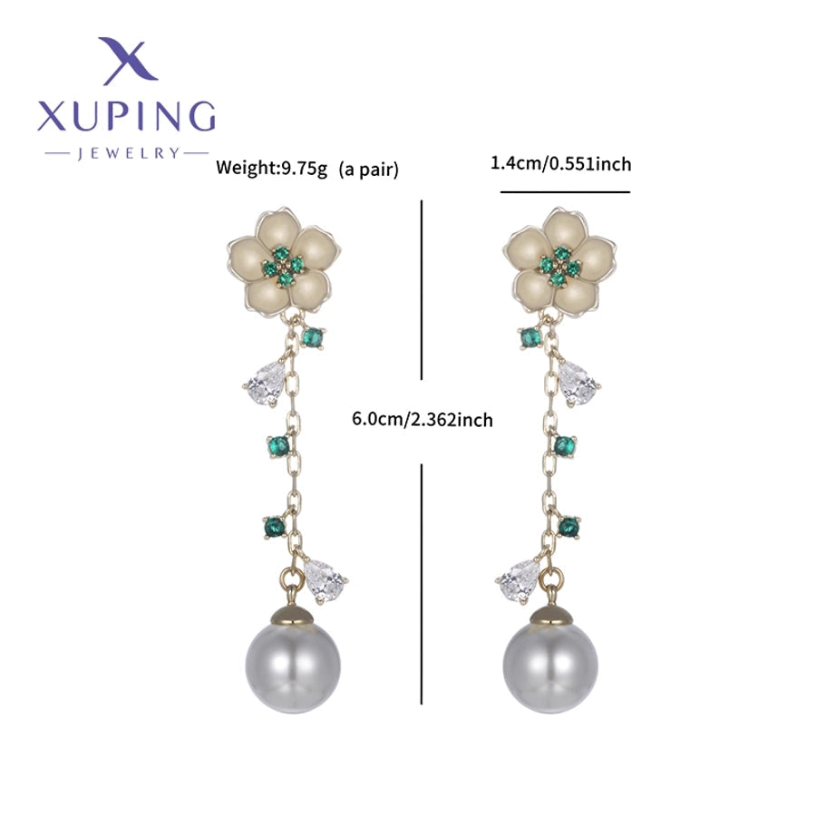 1 Pair Elegant Sweet Flower Plating Copper Artificial Gemstones Beads 18K Gold Plated Drop Earrings