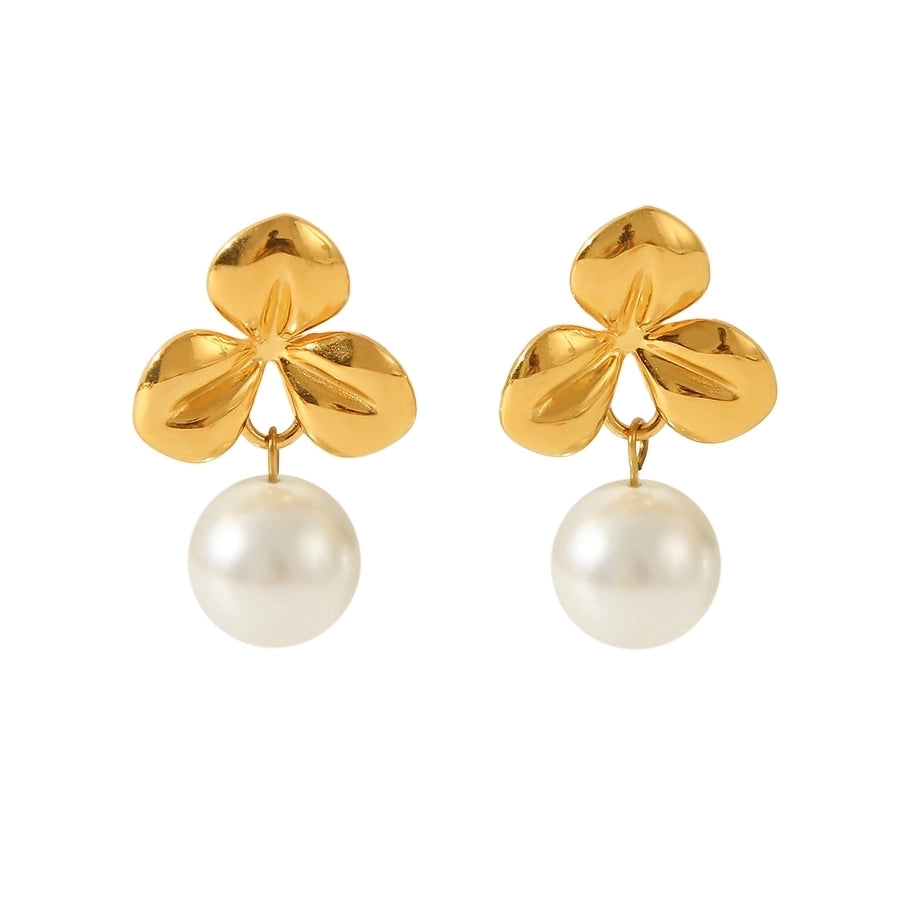 1 Piece IG Style Flower Plating Inlay 304 Stainless Steel Natural Stone Pearl 18K Gold Plated Drop Earrings Ear Studs